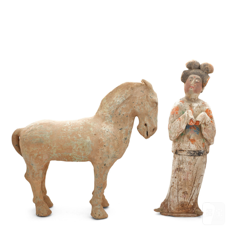 漢 綠釉陶馬 | A GREEN-GLAZED POTTERY HORSE AND A PAINTED POTTERY LADY